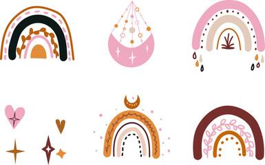 Boho rainbow bundle, sun and moon, Nursery Rainbow Vector, Can be used for baby t-shirt print, fashion print design, kids wear, nursery decor, wall art, baby shower, celebration, greeting card.