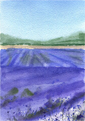 Watercolor lavender field, hand drawn Provencal French landscape. Purple spring summer postcard, baner