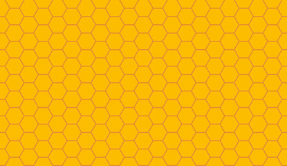 Honeycomb seamless pattern. Yellow honey comb background. Honey comb texture for beehive and bee. Wallpaper of yellow hexagon. Design of beeswax background. Vector