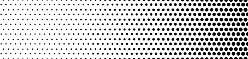 Halftone dots pattern. Black texture on white background. Horizontal retro dots. Graphic geometric circles. Background for print. Monochrome rectangle of pop art. Design wallpaper. Vector