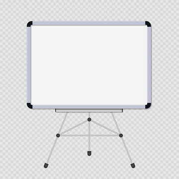 White board with tripod. Whiteboard stand on tripod. Blank blackboard for presentation. Mockup of metal whiteboard isolated on transparent background. Realistic mockup. Vector