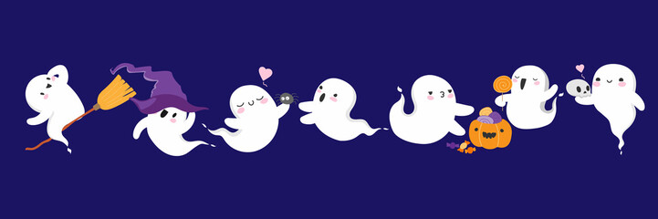 halloween cute kawaii ghost. spirit little ghosts. trick or treat. spooky boo witch hat, broom, pumpkin. stock vector flat cartoon illustration isolated on white background.