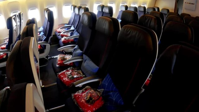 Interior passengers airplane. panorama of the inside of the empty aircraft cabin. Empty aircraft cabin. 