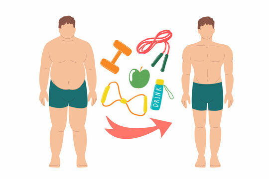 Weight Loss. Obesity Fat Person. Before And After Man. Transformation. Overweight, Sports, Fitness, Healthy Sleep, Healthy Eating. Vector Cartoon Illustration On White Background.