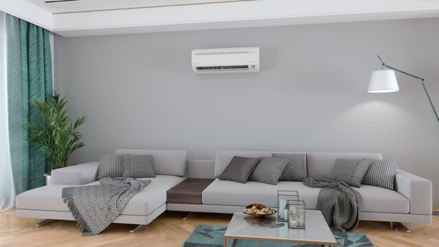 Modern Living Room Interior With Air Conditioner, Gray Sofa, Floor Lamp And Potted Plant