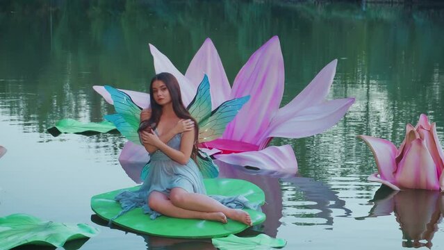 Fantasy beautiful woman little fabulous fairy with butterfly wings sits on green water lily leaf. Summer nature scenery artificial huge pink flowers on lake, plant. River nymph sexy girl. blue dress