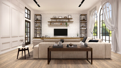 3d rendering. Interior house modern open living room.Loft style Apartment residence in cozy living room ,sofa set,dining area.