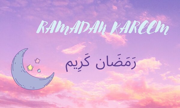 RAMADAN KAREEM Pink and Violet Kids Illustration with crescent, stars, and glowing clouds, Holy Month of Generous Ramadan Greetings