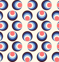 Colorful circles abstract seamless pattern. Retro 70s nostalgic geometric vector background. Modern fashion print for fabric with groovy elements, funky textile design