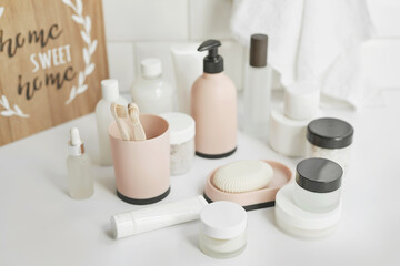 Bath accessories. Dressing table. Cosmetics and hygiene products. Spa and beauty salon. Toothbrush and soap, cream containers