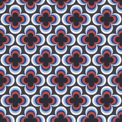 Vintage geometric floral seamless pattern. Retro 70s nostalgic simple shaped groovy flowers with circles colorful background.