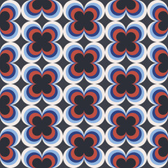 Vintage geometric floral seamless pattern. Retro 70s nostalgic simple shaped groovy flowers with circles colorful background.
