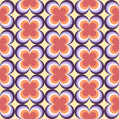 Vintage geometric floral seamless pattern. Retro 70s nostalgic simple shaped groovy flowers with circles colorful background.