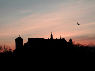 Obraz premium Wawel castle skyline after sunset. Beautiful purple sky and flying bird. 