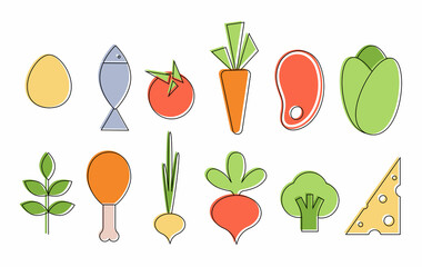 Vector illustrations of food: egg, fish, tomato, carrot, steak meat, Chinese cabbage, aromatic herbs, fried chicken leg, onion, beets, broccoli, cheese