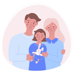 Happy family. Father, mother and daughter together. A couple with child. Flat style vector illustration. Family portrait