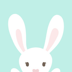 Cute white bunny peeking out. Happy Easter. Pastel colors. For greeting card, poster, banner. Vector illustration, flat design