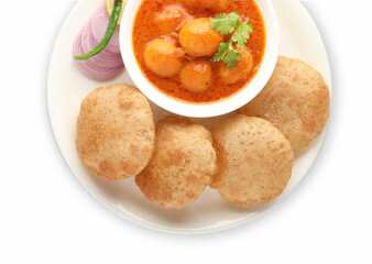 Indian food - Puri Bhaji. North India. Puri is a deep fried bread made from whole wheat flour & Served with Potato curry , bhaji or alu ki sabji.or Potato curry or dum alu curry