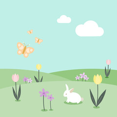 Spring landscape with flowers, rabbit and butterflies. Pastel colors. For greeting card, poster, banner. Vector illustration, flat design