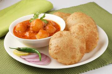 Indian food - Puri Bhaji. North India. Puri is a deep fried bread made from whole wheat flour &...