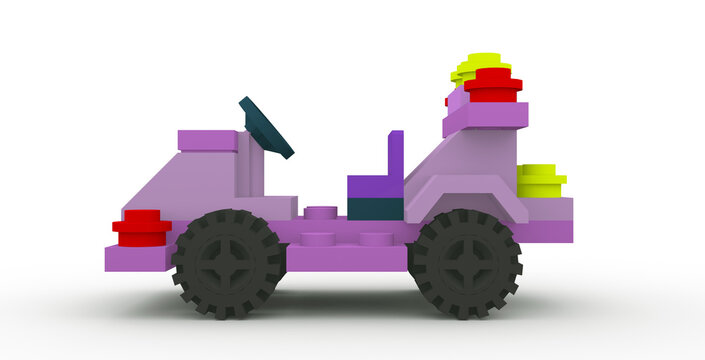 Children's toy car made of blocks isolated on a white background. 3d illustration.