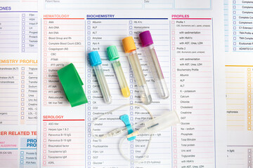 Blood tubes test Set and requisition form for analysis in the worplace of laboratory. Equipment of vacuum sample tubes and needle for blood draw