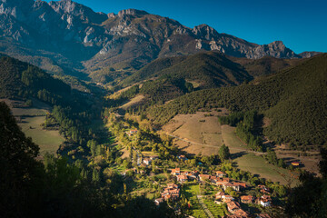 Panoramic views from the viewpoint of the Hermitage of San Miguel. Near Potes, Cantabria, Spain.