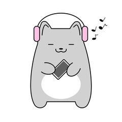 Cat with headphones and smartphone on white background. Vector illustration