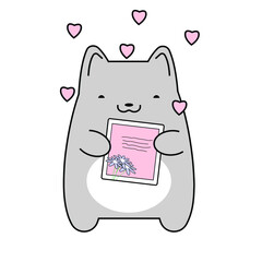 Kitten with a postcard and hearts on a white background. Vector illustration