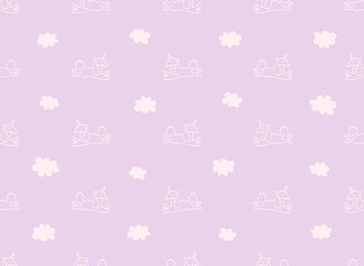 Cute unicorn horse and white clouds on pale purple background, vector seamless pattern. Hand drawn line drawing. Wallpaper for a children's room, textiles, covers, paper packaging, children's clothing