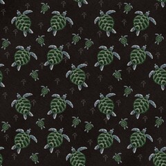 Seamless pattern with sea turtle on black background. Ocean animals swim. Reptile in marine print for kids, invitations, nursing, fabric, textile wallpapers.
