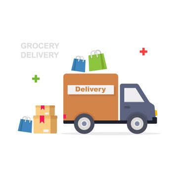 Order Groceries Online Shopping. Pick Up Point In Food Supermarket. Safe Delivery Illustration.