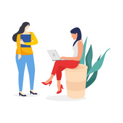 Women sit on a cup and working, coffee break communication and education illustration.