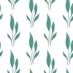 Simple plant seamless pattern, flat vector illustration on white background. Botanical element with green leaves. Elegant flower, floral wallpaper. Great for wrapping paper.