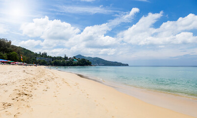 Fototapeta na wymiar Summer sandy beach with beautiful blue sea, tropical island in south of Thailand, summer holiday destination