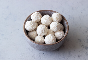 Coconut candy or cookies. Dessert. Coconut. Vegetarian food.