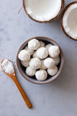 Coconut candy or cookies. Dessert. Coconut. Vegetarian food.