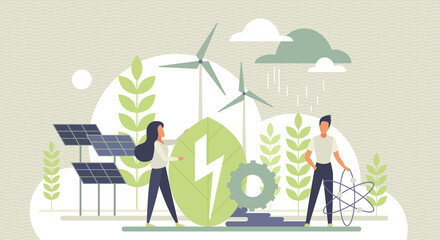 People using eco future technology, renewable energy sources vector illustration. Cartoon man woman characters standing near wind turbines, solar panels. Green energy to clean environment concept