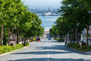 海を見下ろす八幡坂からの風景  北海道函館市の観光イメージ