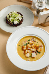 Business lunch, business lady on a business lunch in a restaurant
