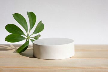 Podium for cosmetic product presentation. Abstract minimal geometrical form. Cylinder stone sphere one form, shadow. Scene to show products. Showcase, display. Trendy sunlight. Front view. 3D