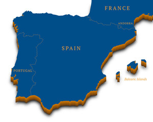 Iberian Peninsula 3D map. Detailed 3d map with dropped shadow. Blue isometric silhouette. Vector illustration. Template for design and infographics.
