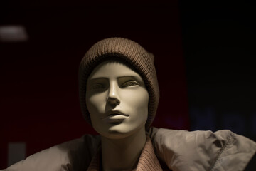 Mannequin in hat. Headdress on head. Stylish clothes. Fashion today.