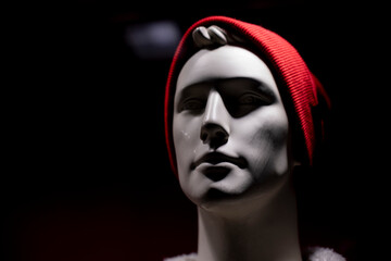Mannequin in hat. Headdress on head. Stylish clothes. Fashion today.