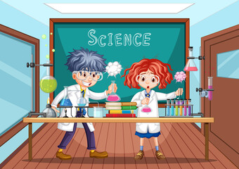 Classroom scene with scientist doing experiment