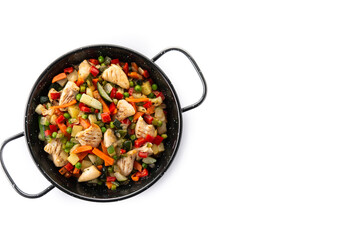 Chicken stir fry and vegetables isolated on white background. Top view. Copy space