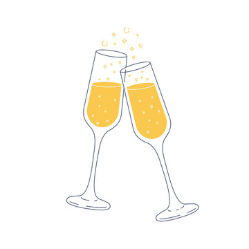 Toasting champagne glasses. Celebration illustration. Abstract drink. Outline illustration. 