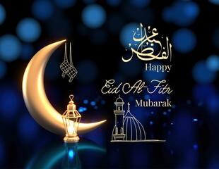 Eid Al Fitr, Eid Mubarak Arabic text, crescent blue background, design with moon and mosque  Islamic festival design