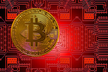 golden valueable single bitcoin from crypto currency with a red board in the background left