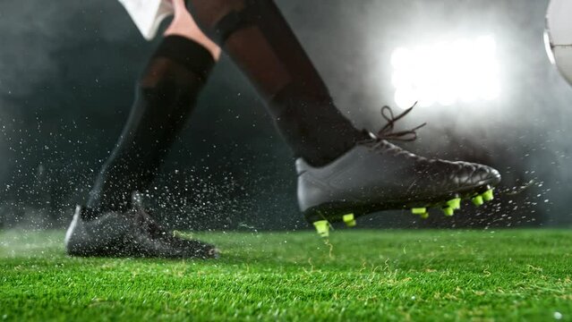Super slow motion of soccer player kicking the ball. Filmed on high speed cinema camera, 1000fps.